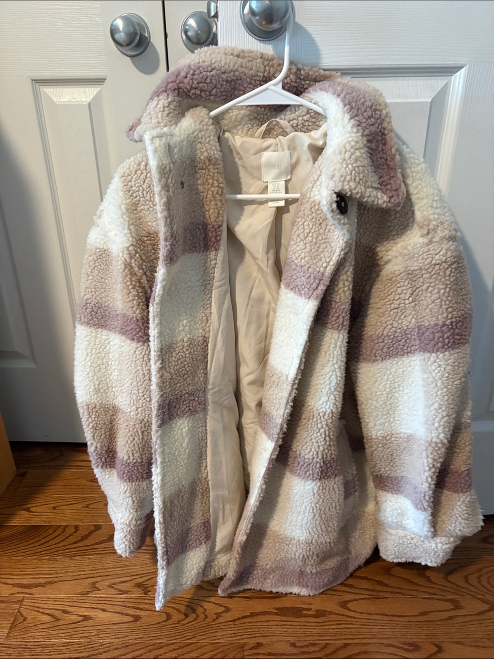 Women's Cream & Mauve Plaid Sherpa Coat